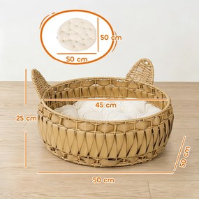 PawHut Legowisko rattanowe dla kota, jaskinia z odpinaną poduszką, kosz dla kotów do 10 kg, 50 x 50 x 25 cm, jasnobrązowy | Aosom PL