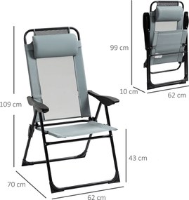 Outsunny Zestaw 2 składanych krzeseł, leżaki, odporny na warunki atmosferyczne, 5-poziomowa regulacja oparcia, konstrukcja metalowa, Szary