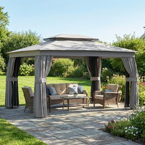 Outsunny Pawilon 3,8x3m Wodoodporny Stabilny Zimowy Pawilon Ogrodowy z Podwójnym Dachem, Zasłony, Siatka na Komary, Haki, Ciemnoszary | Aosom PL