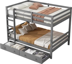 Łóżko piętrowe 140 x 200 cm z 2 dużymi szufladami - barierka i schody - drewno MDF - szare