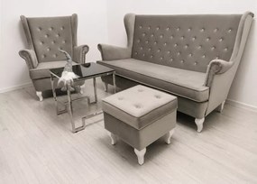Zestaw pikowanych mebli wypoczynkowych - sofa uszak 3 osobowa z fotelem i podnóżkiem