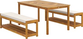 Outsunny Zestaw mebli ogrodowych 3 elem., Siedzisko z 1 stołem z otworem na parasol i 2 ławkami 150 x 85 x 75 cm Teak