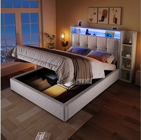 Łóżko tapicerowane z pojemnikiem - 90 x 200 cm - z portem USB, oświetleniem LED, zagłówkiem i półką - len - beż