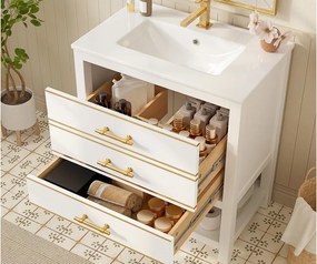 Mebel łazienkowy - z ceramiczna umywalką - z 2 szufladami i 1 otwartą przegródką - biały​ (bateria nie jest wliczona w cenę)