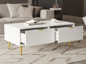 Elegancki biały stolik kawowy ze złotymi zdobieniami, 2 szuflady, pionowy wzór pasów, drewno MDF, 100 x 50 x 40 cm