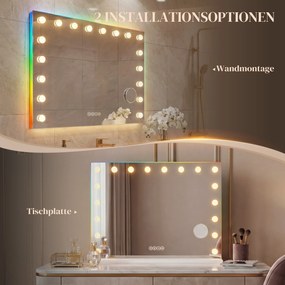 HOMCOM Hollywoodzkie lustro do makijażu z 18 regulowanymi żarówkami LED, 3 kolory, światło RGB, głośnik Bluetooth, 10-krotne powiększenie Białe | Aosom PL