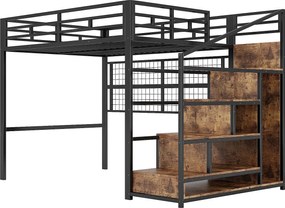 Oświetlony antresola 140x200 cm - konstrukcja stalowa - z szafą + drabinką magazynową - taśma LED - czarny (materac nie jest wliczony w cenę)