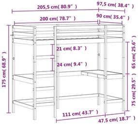 Sosnowe brązowe łóżko piętrowe z biurkiem 90x200 - Interis 6X