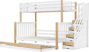 Łóżko piętrowe 90x200cm + 120x200cm + łóżko wysuwane 90x190cm - z schodami do przechowywania - z drewna sosnowego i MDF - Białe i Naturalne