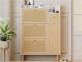 Mebel na buty z drewna i rattanu - 3 drzwi uchylne i 1 szuflada - półka regulowana - Naturalny i Biały
