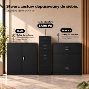 Szafka kartotekowa na kółkach, metalowa, 8 szuflad, na dokumenty, czarna, 300x1100x600 mm: SARA V8