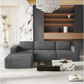 Modułowa Sofa 3-osobowa z pufą - w Welurze Żebrowanym - narożnik odwracalny - Szary - 303x202x82cm