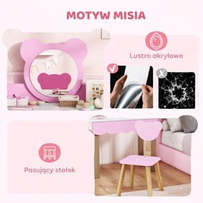 AIYAPLAY Zestaw toaletki dla dzieci z hokerem, lustro w kształcie misia, szuflada, MDF, różowy