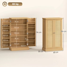 HOMCOM 104 cm szafka kuchenna z rattanu, 5-półkowa, 12 przegródek na przyprawy i regulowane półki, naturalna | Aosom PL