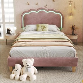 Łóżko 90x190 cm - Łóżko dziecięce z regulowanym zagłówkiem i stelażem z listew - Oświetlenie LED - Różowy aksamit