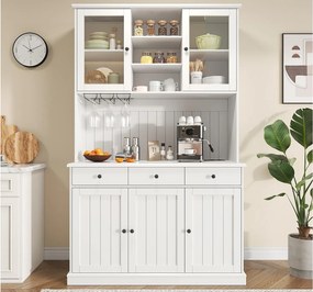 Kredens kuchenny 120x40x191 cm - 5 drzwi i 3 szuflady - z gniazdkiem elektrycznym i portem USB - Uchwyt na kieliszki do wina - Półki regulowane - Biały