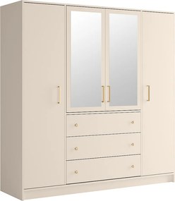 Szafa 4-drzwiowa z 3 szufladami - Z lustrami - szer. 196 cm - Beżowy i złoty - LIZANDRO