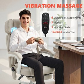 HOMCOM Wysokie krzesło biurowe z masażem wibracyjnym i podgrzewaniem, ergonomiczne, regulowane, z podnóżkiem, kremowobiały | Aosom PL
