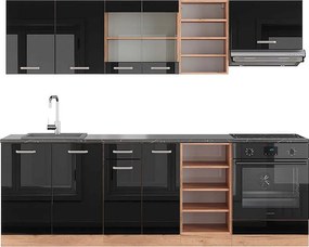 Zabudowa kuchenna czarny/złoty dąb o wysokim połysku 240x60x81.6 r-line