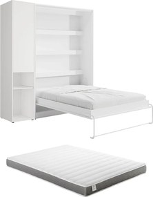 Łóżko chowane w szafie pionowe 160 x 200 cm - 1 kolumna do przechowywania - Z oświetleniem LED - Białe + Materac - RAPILI