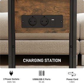 HOMCOM składany stolik boczny, stacja ładująca z portami USB, metal, 39 x 29 x 57 cm, brązowy