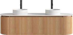 Wisząca szafka łazienkowa ryflowana z podwójną okrągłą umywalką nablatową ryflowaną i baterią – Jasny naturalny – S180 cm – LILIKO