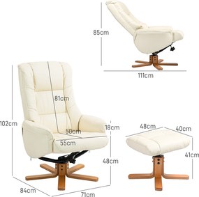 HOMCOM Fotel Wypoczynkowy z Podnóżkiem, Funkcja Leżenia, Pokrycie Skóra Ekologiczna, do 150 kg, 71 x 84 x 102 cm, kolor Kremowy