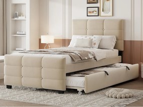 Tapicerowane łóżko 90 x 190 cm - z łóżkiem chowanym - tkanina welurowa - beżowy (materac nie jest wliczony w cenę)