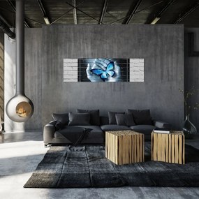 Obraz niebieskiego motyla na ścianie (170x50 cm)