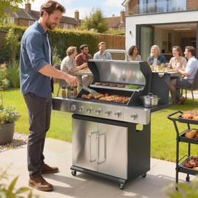 Outsunny Grill gazowy 18,6 kW 6+1 palników BBQ wózek grillowy ze stali nierdzewnej z kółkami, termometrem, półką podgrzewającą, bocznymi stolikami i szafką | Aosom PL
