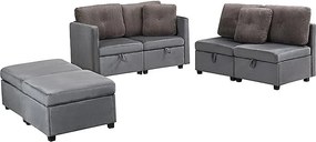 Narożnik modułowy 6-osobowy - 261 x 132,5 x 85 cm - z podnóżkiem ze schowkiem + poduszki - welur - szary