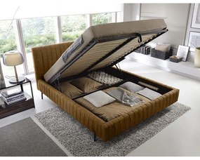 Tapicerowane łóżko dwuosobowe ze schowkiem ze stelażem 160x200 cm w kolorze ochry Plissa – ELTAP