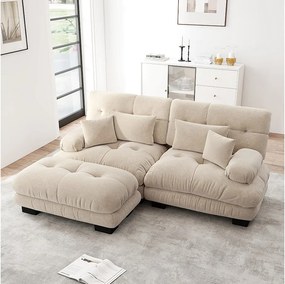 Beżowa sofa 2-osobowa - Narożnik z 2 poduszkami lędźwiowymi i 2 poduszkami dekoracyjnymi - podłokietnikami i podnóżkiem - szenil