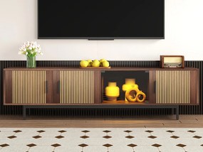 Meble pod TV 159x35x53cm - z LED - z 2 frontami - faktura w paski - styl wiejski - brązowy