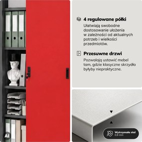 Szafa metalowa biurowa z drzwiami przesuwnymi antracytowo-czerwona, 900x1850x400 mm: KUBA