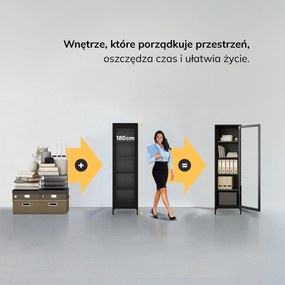 Witryna szklana do salonu wąska metalowa czarna LUIGI Modern 500 x 1800 x 350 mm