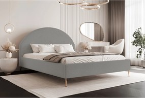 BESILIO Łóżko tapicerowane Boucle 200x200 Velora II - stelaż listwowy, wezgłowie, pojemnik, łóżko slim, wysokie złote nogi - Jasnoszary
