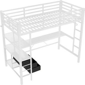 Łóżko piętrowe 90x200 cm, białe, młodzieżowe z biurkiem, 3 szufladami, oświetleniem LED i portem USB – bez materaca