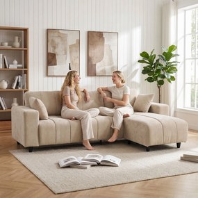 HOMCOM Narożnik w kształcie L z elastycznym szezlongiem, 3-osobowa sofa z 2 poduszkami, stalowy stelaż, do salonu, beżowy | Aosom PL