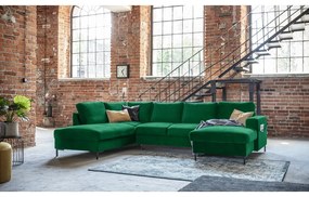 Zielona aksamitna rozkładana sofa w kształcie litery "U" Miuform Lofty Lilly, lewostronna