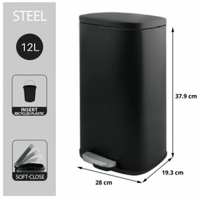 Spirella Kosz na śmieci z pedałem soft-close Akira 12 l, matowy czrny, 12 l