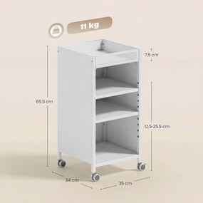 HOMCOM Mobilny regał na książki z regulowanymi półkami, 3-poziomowy wózek z górnym koszem, biały | Aosom PL