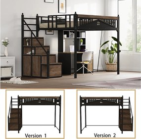 Łóżko antresolowe metalowe 140x200 cm - z drabinką ze schowkiem - Czarne (materac nie jest dołączony)