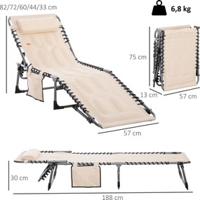 Leżanka składana Outsunny, ogrodowa z poduszką, z regulowanym oparciem na 5 pozycji, z tkaniny Oxford, 188 x 57 x 30 cm, Beżowa