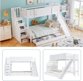 Łóżka piętrowe 120 x 200 cm + 90 x 200 cm ze zjeżdżalnią, 7 szufladami i barierkami zabezpieczającymi - Sosna + MDF - Białe (bez materaca)