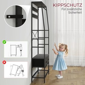 HOMCOM Stojak garderobiany z półką na buty w stylu industrialnym, 2 szuflady z materiału, 8 haczyków, metalowa rama, Czarny