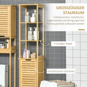 kleankin Wysoka Szafka Łazienkowa Bambusowa Żaluzjowe Drzwiczki 3 Półki 34x30x173cm | Aosom PL