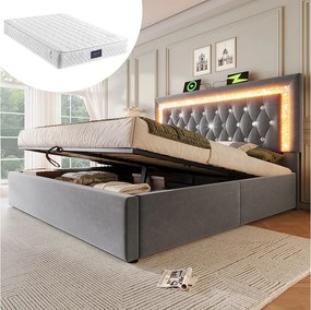Łóżko tapicerowane dwuosobowe ze schowkiem - 160 x 200 cm - zagłówek z diodami LED + USB i Type-C - hydrauliczny schowek - welur - szary (z materacem)