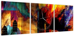 Obraz - Kolorowa abstrakcja miasta (z zegarem) (90x30 cm)