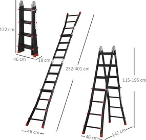 HOMCOM Drabina Teleskopowa, Antypoślizgowe Stopnie, do 150 kg, Aluminium, Czarno-Czerwona